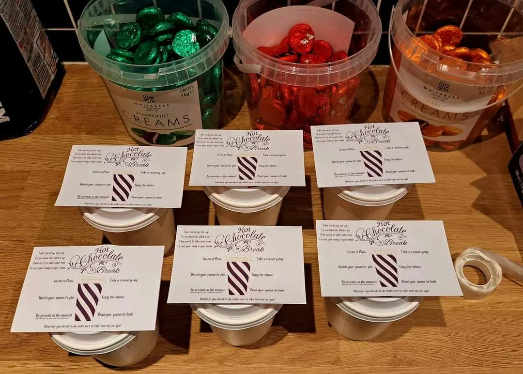 SuzieYMA's tweet photo. The #TrebleC peer support group with @SuzieYMA and @ForInverclyde wasn't on today. So, last week everyone went home with a little #HotChocolateBreak to use this week as a wee #selfcare reminder to take #timeout to #restandrestore in order to #refocus 💜💜💜 #YouMatterAlways https://t.co/lm3TabO4kO