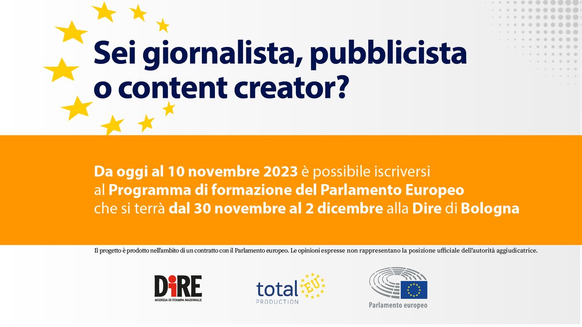 direpuntoit's tweet photo. Sono aperte le candidature per il programma di formazione dell’@Europarl_IT, alla Dire di Bologna, per giovani #giornalisti e #contentcreator. Per iscriversi c’è tempo fino al 10 novembre.

Info: https://t.co/rACP9nlys9 https://t.co/DZUHrlxDLj