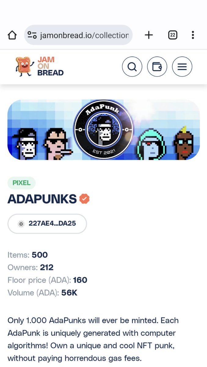 PunksAda's tweet photo. We are also listed with our main OG collection β€οΈ
Punks keep building!
#JamOnBread #AdaPunks #CNFT #CNFTCommunity #NFT #NFTCommunity #Cardano https://t.co/D8GPK2Rxs4