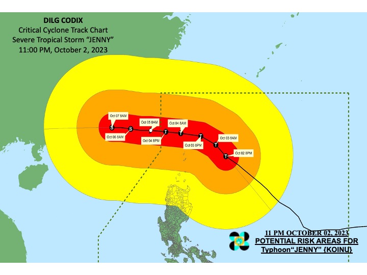 DILG_CODIX's tweet photo. Critical Cyclone Track Chart for Typhoon #JennyPH  as of 11:00 PM  02 October 2023  #JennyPH #MagingLISTO #DisasterPreparedness

@DILGPhilippines

@NDRRMC_OpCen

@dost_pagasa

@civildefensePH

#LISTO                  

Also follow us on FB: https://t.co/3HDTDhEL0M https://t.co/oWOFWxFoE6