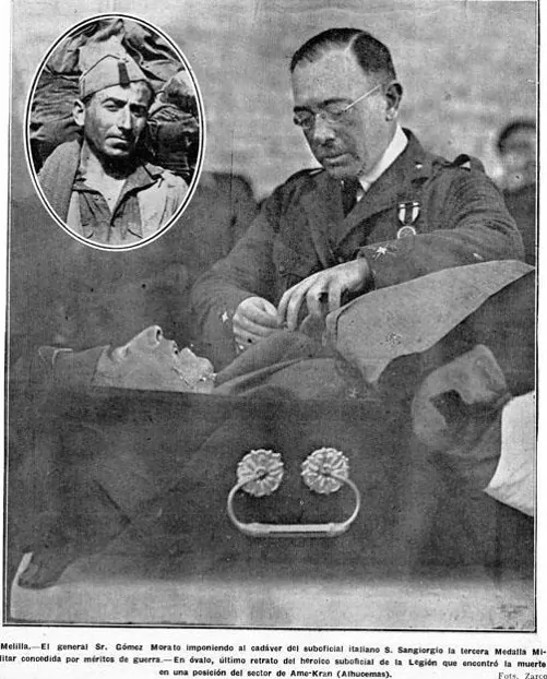 PlataformaMill1's tweet photo. El 16 de marzo de 1926, cuando se dirigía a fortificar un camino cubierto enfilado por el enemigo, en la posición de #Amekran, del sector de #Axdir, fue herido por un disparo enemigo en el vientre, falleciendo poco después gloriosamente. El cadáver fue llevado a #Melilla. https://t.co/3JdIe9EvJw