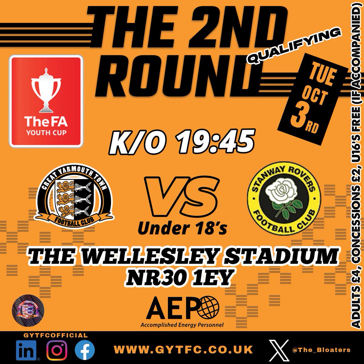 The_Bloaters's tweet photo. 🧡🖤FA YOUTH CUP🖤🧡
Join us down The Wellesley tomorrow eve & support our U18's in their FA youth cup match against @StanwayRovers U18s.
📅3/10/23
⏱️K/O 7:45pm
🎟️Adult £4, Concession £2, U16's Free (If Accompanied)
🏆FA Youth Cup https://t.co/58wCP9kpNI