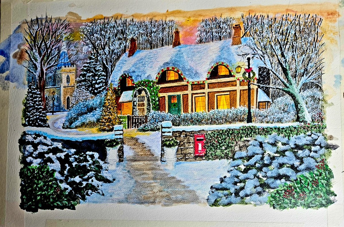 Almost done...my latest 'Christmasy' painting. #acrylic #watercolourpaper #christmasy #snow 👍🖌☃️🙂