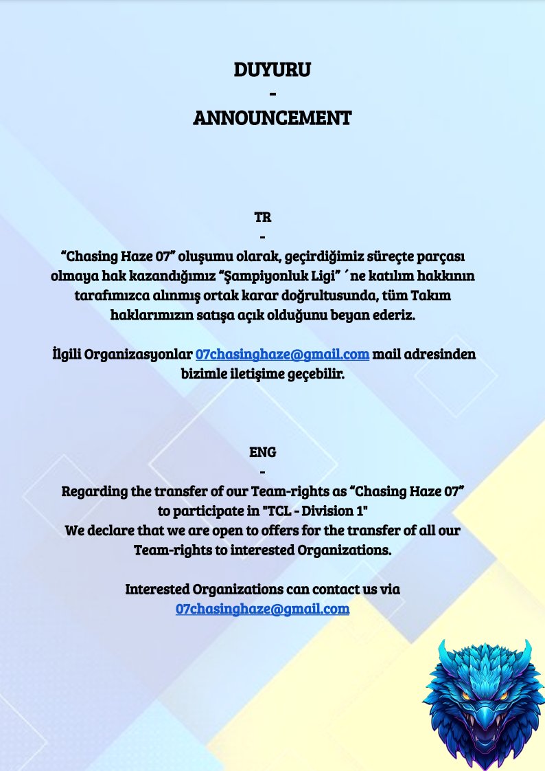 Chasing Haze (@chasinghaze_07) on Twitter photo Please reach out to <a href="/H20lol/">Hızır Hakan Öztürk</a> with any questions and take note to contact us until 23.10.2023
Further information for TCL-Promotion Tournament:
lol.fandom.com/wiki/TCL/2024_… Please reach out to <a href="/H20lol/">Hızır Hakan Öztürk</a> with any questions and take note to contact us until 23.10.2023
Further information for TCL-Promotion Tournament:
lol.fandom.com/wiki/TCL/2024_…
