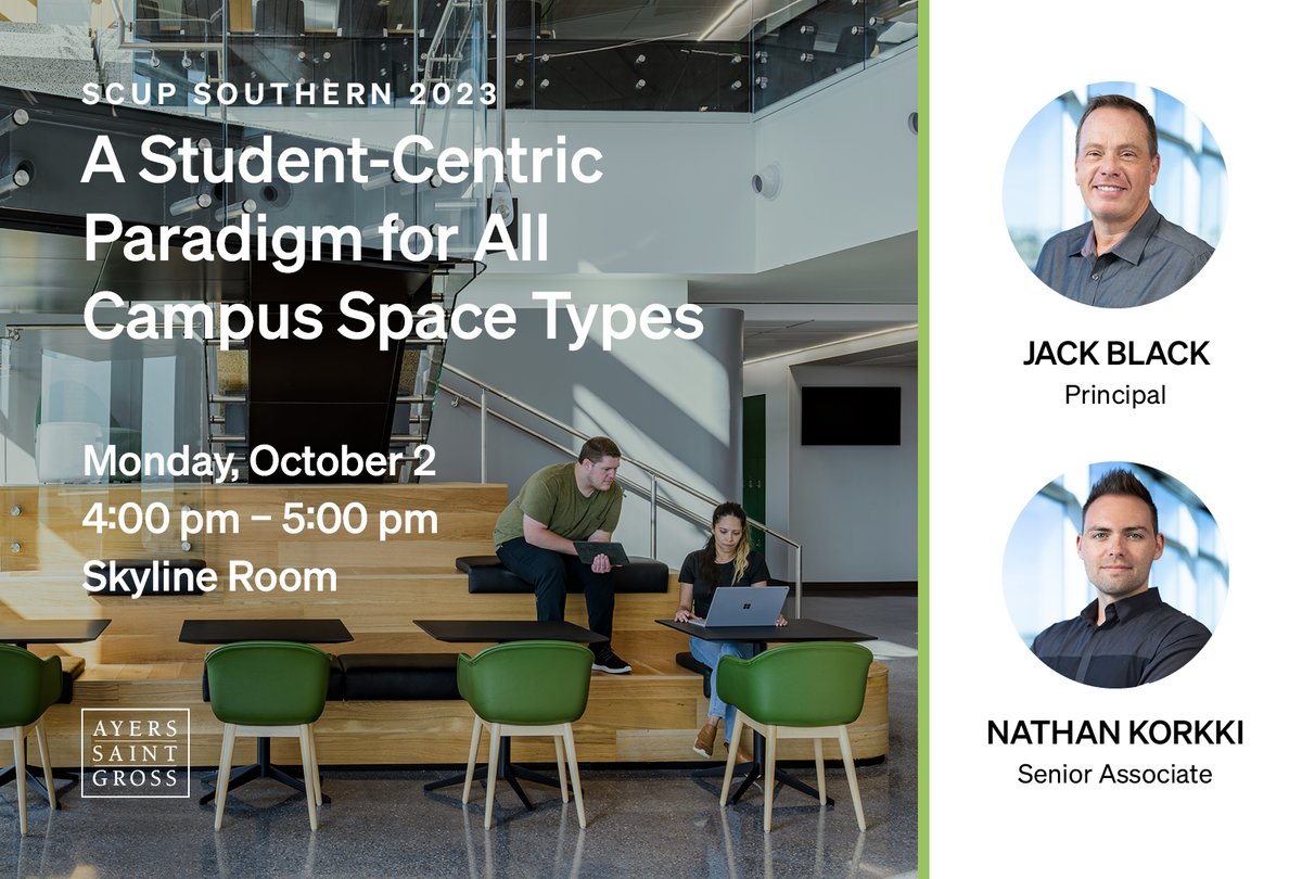 Are you at #SCUP Southern? Architects Jack Black and Nathan Korkki will present today with @UNTatFrisco about how thinking critically about the design and allocation of campus space types can enhance student success and achievement. Learn more: scup.org/conferences-pr…
