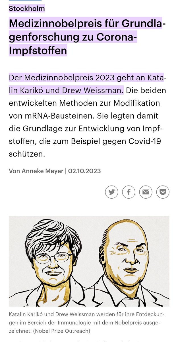 Ach Mensch, in diesem Jahr ist wieder nicht #Bhakdi der Gewinner des Nobelpreises, sondern #KatalinKariko und #DrewWeissman.... Die beiden legten die Grundlage zur Entwicklung von beispielsweise der #CovidImpfung
Herzlichen Glückwunsch 🙏
#mRNA

deutschlandfunk.de/nobelpreis-med….