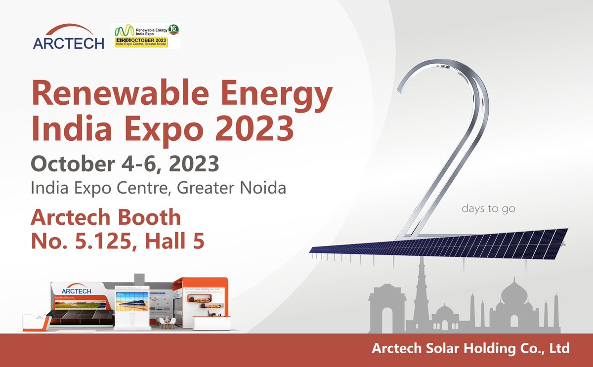 #ArctechExpos Only two days to go! Please join us at Renewable Energy India Expo (#REI) from 4-6 October and experience Arctech's latest #solarinnovation - the #SkyLineII #solartracking system firsthand.

Visit the #ArctechIndia team at booth No. 5.125, Hall 5!

#solartracker