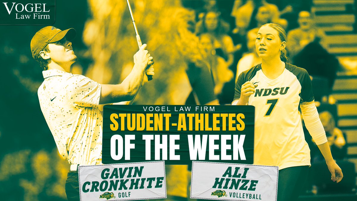 Congratulations to our Vogel Law Firm Student-Athletes of the Week!

⛳ Gavin Cronkhite | Sr. | Lakeville, MN | <a href="/NDSUgolf/">NDSU Golf</a> 
🏐 Ali Hinze | Sr. | Maple Grove, MN | <a href="/NDSUvolleyball/">NDSU Volleyball</a>