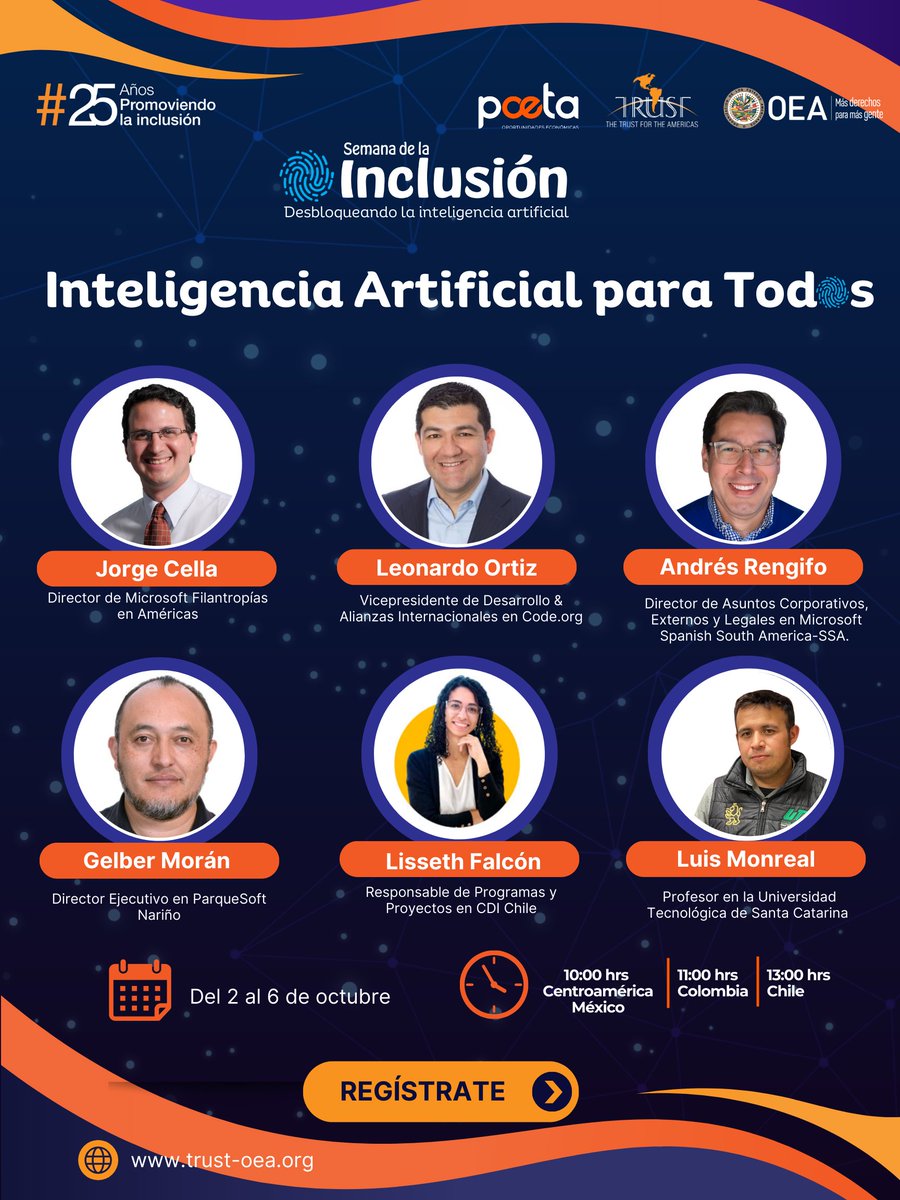 💥 | Del 2 al 6 de octubre, te invitamos a sumergirte en un mundo de conocimiento e innovación en la 3ra edición de la Semana de la Inclusión. Exploraremos el potencial de la IA para empoderar a docentes, empleados y emprendedores🚀 Pre-registro: bit.ly/48aj9GP