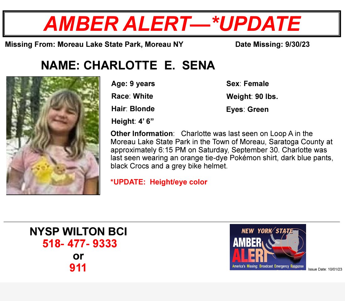 WFLAJB's tweet photo. #MISSING: A massive search is underway for missing 9-year-old Charlotte Sena. She was last seen in the Town of Moreau, Saratoga County around 6:15pm Saturday wearing an orange tie-dye Pokémon shirt, dark blue pants, black Crocs &amp; a grey bike helmet.  #CharlotteSena https://t.co/hBjwjj7LL9