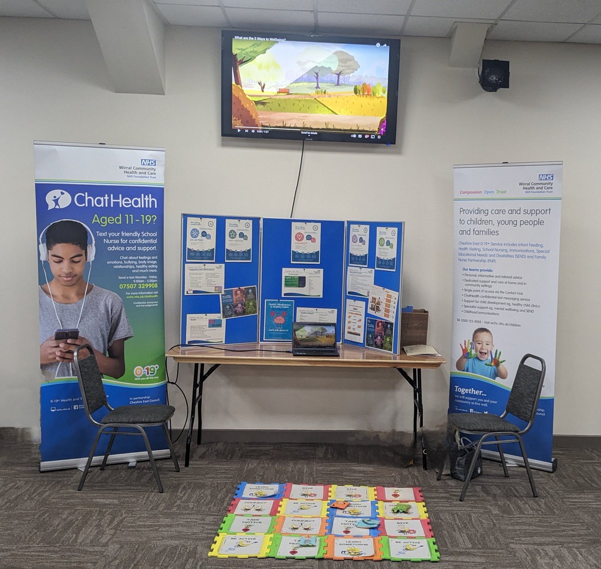 CatMeredith96's tweet photo. Feeling quite pleased with myself , 3 months into my job I was asked to organise our part in a 2 week event delivering education around mental health to year 6 children across Cheshire east.
Today was the launch and went successfully 🎉 here is our set up
@wchc_nhs 
@UoC_TNA_TAP https://t.co/W5ukwvkolg