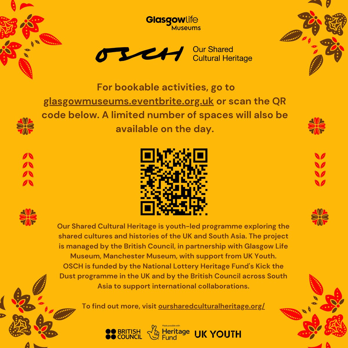 Join us for the OSCH Finale! A weekend of free activities and events for everyone to celebrate Our Shared Cultural Heritage!

At Kelvingrove Art Gallery and Museum, 7-8 October! All free, some activities are drop-in; for bookable activities, go to glasgowmuseums.eventbrite.org.uk