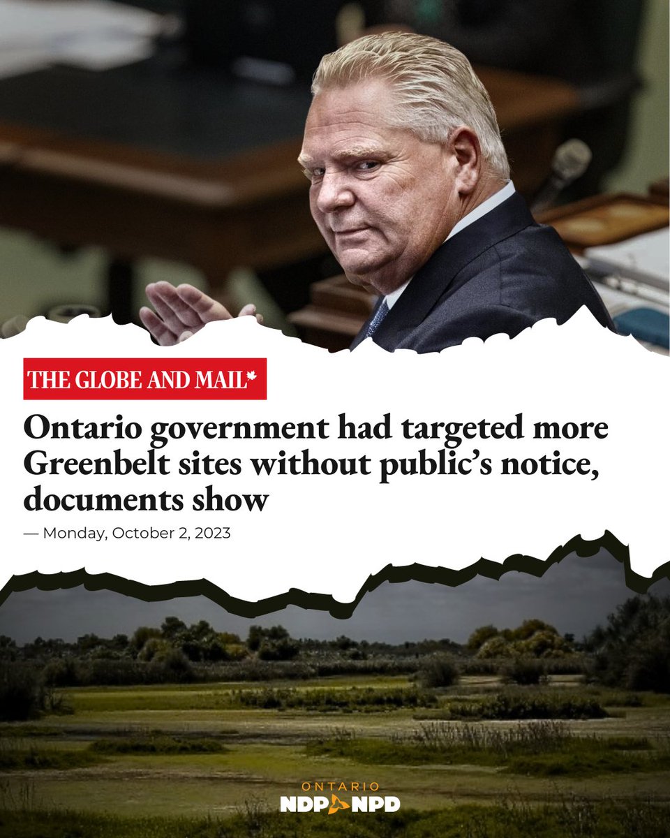 OntarioNDP's tweet photo. 🚨BREAKING NEWS: Documents show that Ford's Conservatives quietly tried to remove even more protected farmland from the #Greenbelt...

...benefitting wealthy insiders and developers https://t.co/xaIZd8WHu1