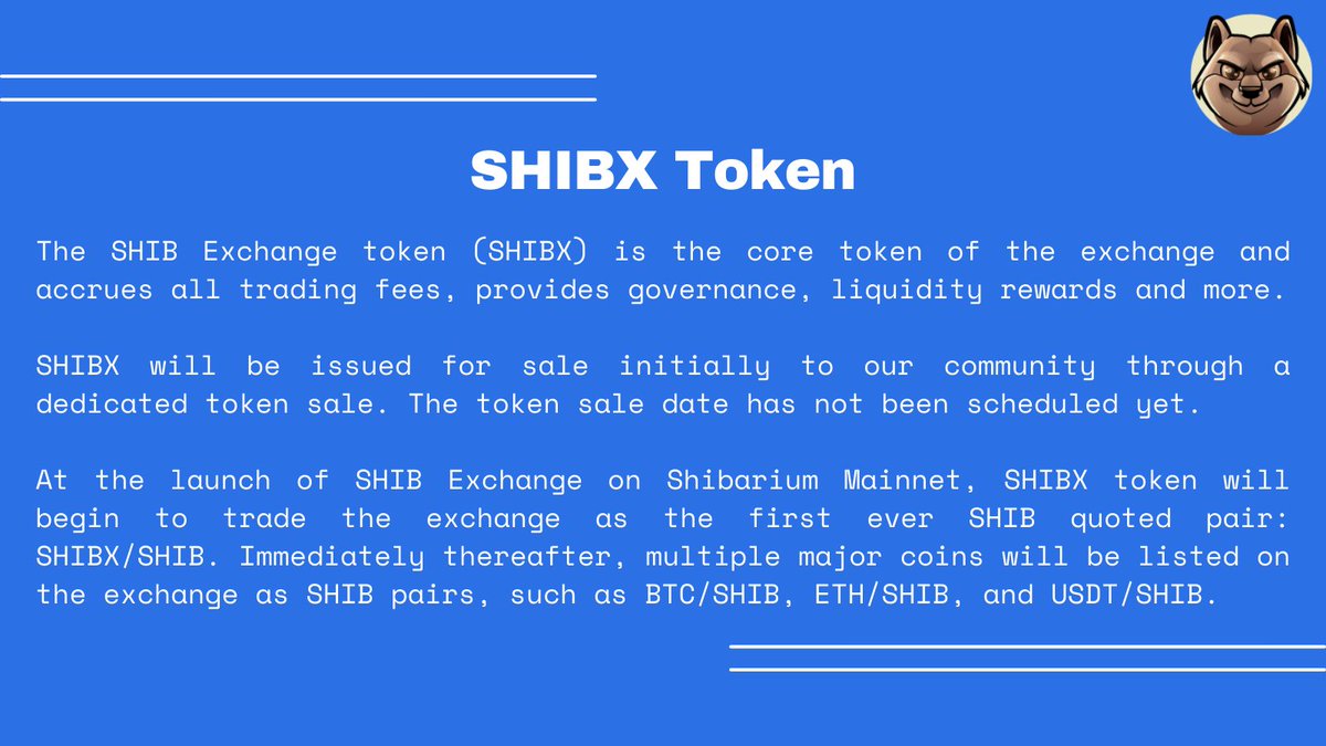 SHIBExchange's tweet photo. The SHIB Exchange token (SHIBX) is the core token of the exchange and accrues all trading fees, provides governance, liquidity rewards, and more.
#SHIB #Shibarium #SHIBex https://t.co/JePyPqw94H