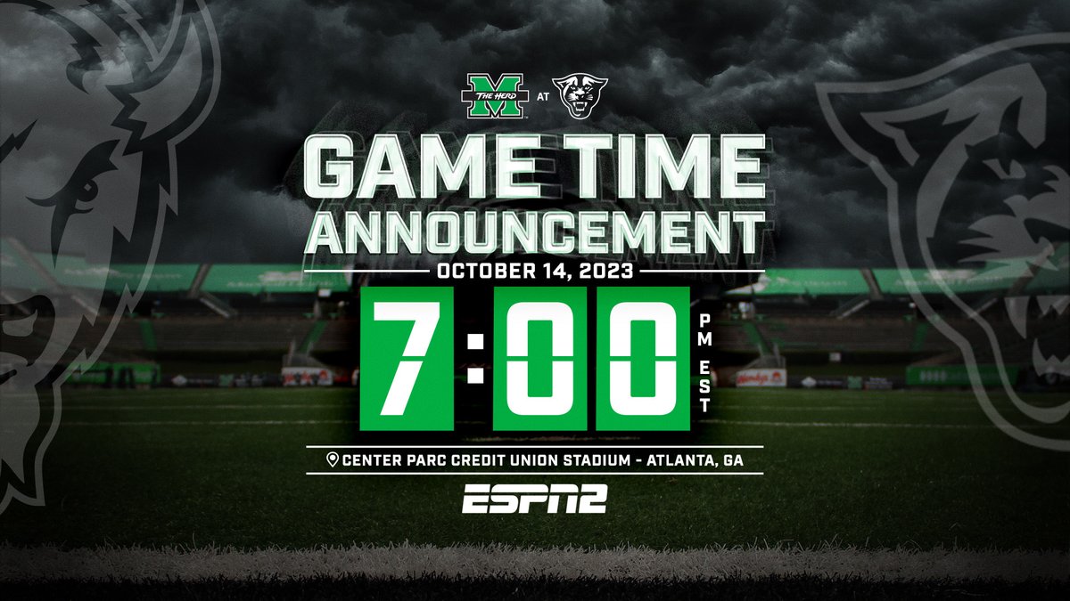 HerdFB's tweet photo. 𝙎𝙖𝙩𝙪𝙧𝙙𝙖𝙮 𝙉𝙞𝙜𝙝𝙩 𝙞𝙣 𝘼𝙏𝙇!!

Marshall's Oct. 14 matchup at Georgia State will be a 7 p.m. kickoff and will be broadcast nationally on ESPN2 from Center Parc Credit Union Stadium in Atlanta.

🔗: https://t.co/th9ZiuVF2K https://t.co/rgTN7VqKyw