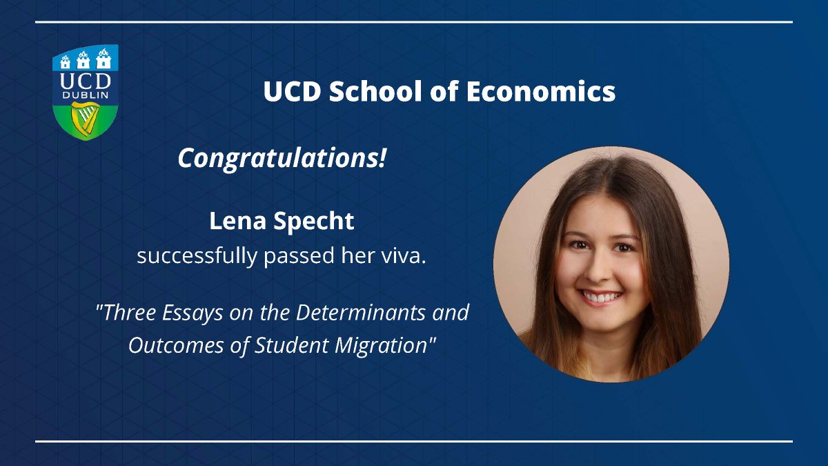 Congratulations to @LenaEcon for successfully passing her viva today! Lena works on the drivers of international student exchanges and their economic effects. She was supervised by @ron_b_davies and funded by the GOI Postgraduate Scholarship. @IrishResearch, #LoveIrishResearch