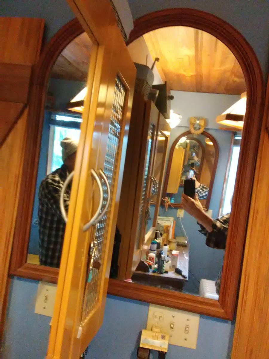 Occasionally the cat gets up on the bathroom cabinet, looks in the mirror and contemplates infinity.