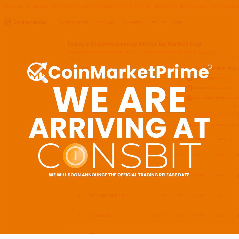 coinmarketprime's tweet photo. 📢 Exciting News! 🚀 @coinmarketprime $CMP @c0insbit 🥇🧡 will be listed on Coinsbit in the upcoming days. Get ready for a new trading opportunity! Stay tuned for more updates. 📈 https://t.co/Z6GHNqmoID