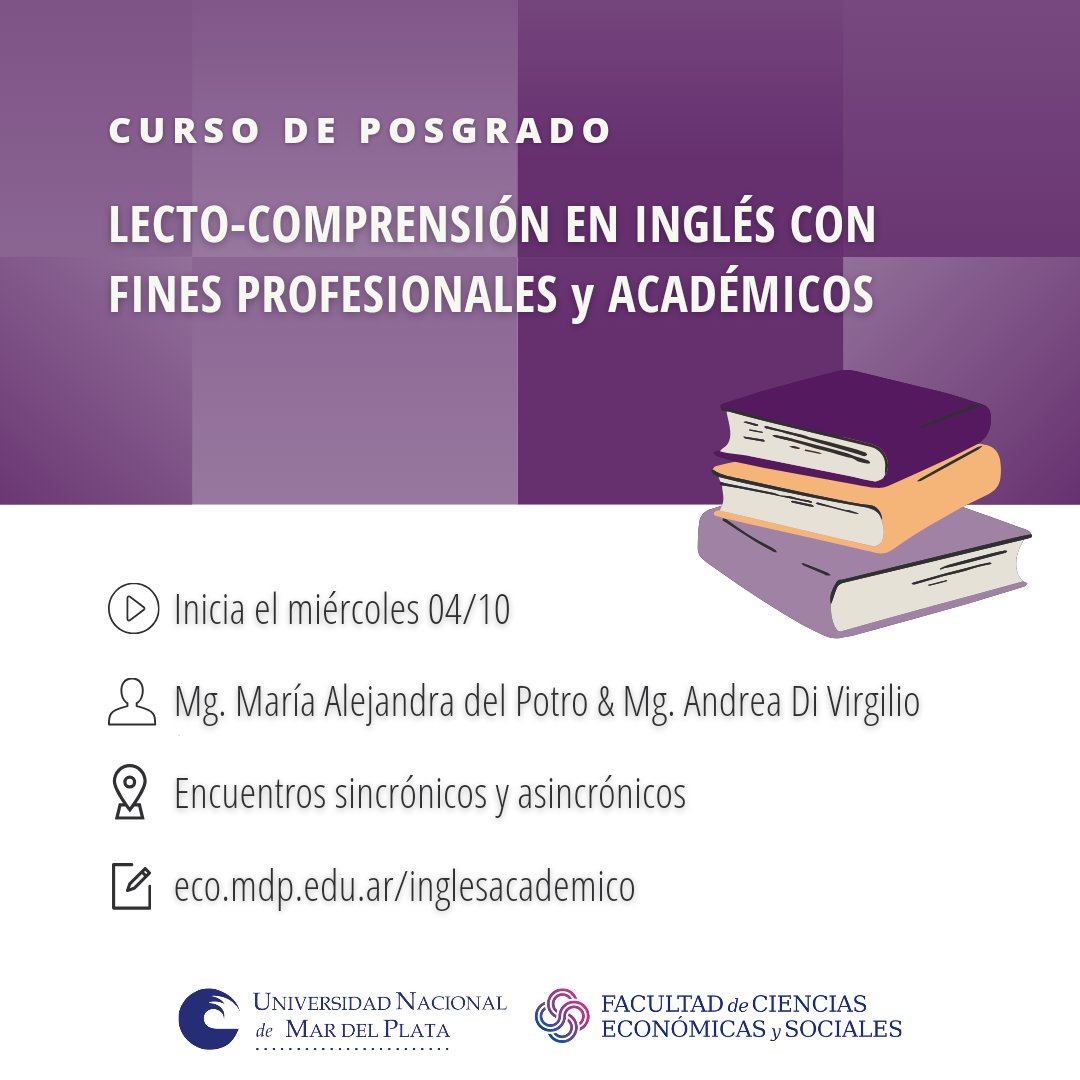 FCEyS (@fceys) on Twitter photo ❕️Nueva oferta para Curso de Posgrado "Lecto-comprensión en inglés con fines profesionales y académicos"
➡️ Para más información escribinos a posgreco@mdp.edu.ar o ingresa a nuestra página web lnkd.in/eQ_srCfW
#formaciónacadémica
#posgrado ❕️Nueva oferta para Curso de Posgrado "Lecto-comprensión en inglés con fines profesionales y académicos"
➡️ Para más información escribinos a posgreco@mdp.edu.ar o ingresa a nuestra página web lnkd.in/eQ_srCfW
#formaciónacadémica
#posgrado