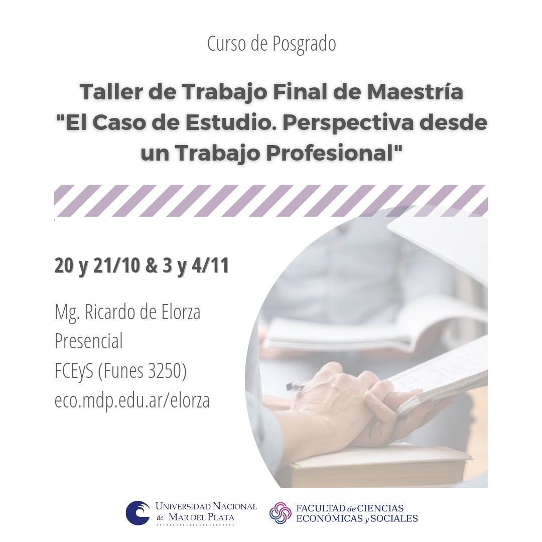 FCEyS (@fceys) on Twitter photo ❕️Nuevo Curso de Posgrado
🔶️ Taller de Trabajo Final de Maestría "El Caso de Estudio, Perspectiva desde un Trabajo Profesional"
➡️ Para más información escribinos a posgreco@mdp.edu.ar o ingresa a nuestra página web lnkd.in/ehdFcTa5
#formaciónacadémica
#posgrado ❕️Nuevo Curso de Posgrado
🔶️ Taller de Trabajo Final de Maestría "El Caso de Estudio, Perspectiva desde un Trabajo Profesional"
➡️ Para más información escribinos a posgreco@mdp.edu.ar o ingresa a nuestra página web lnkd.in/ehdFcTa5
#formaciónacadémica
#posgrado