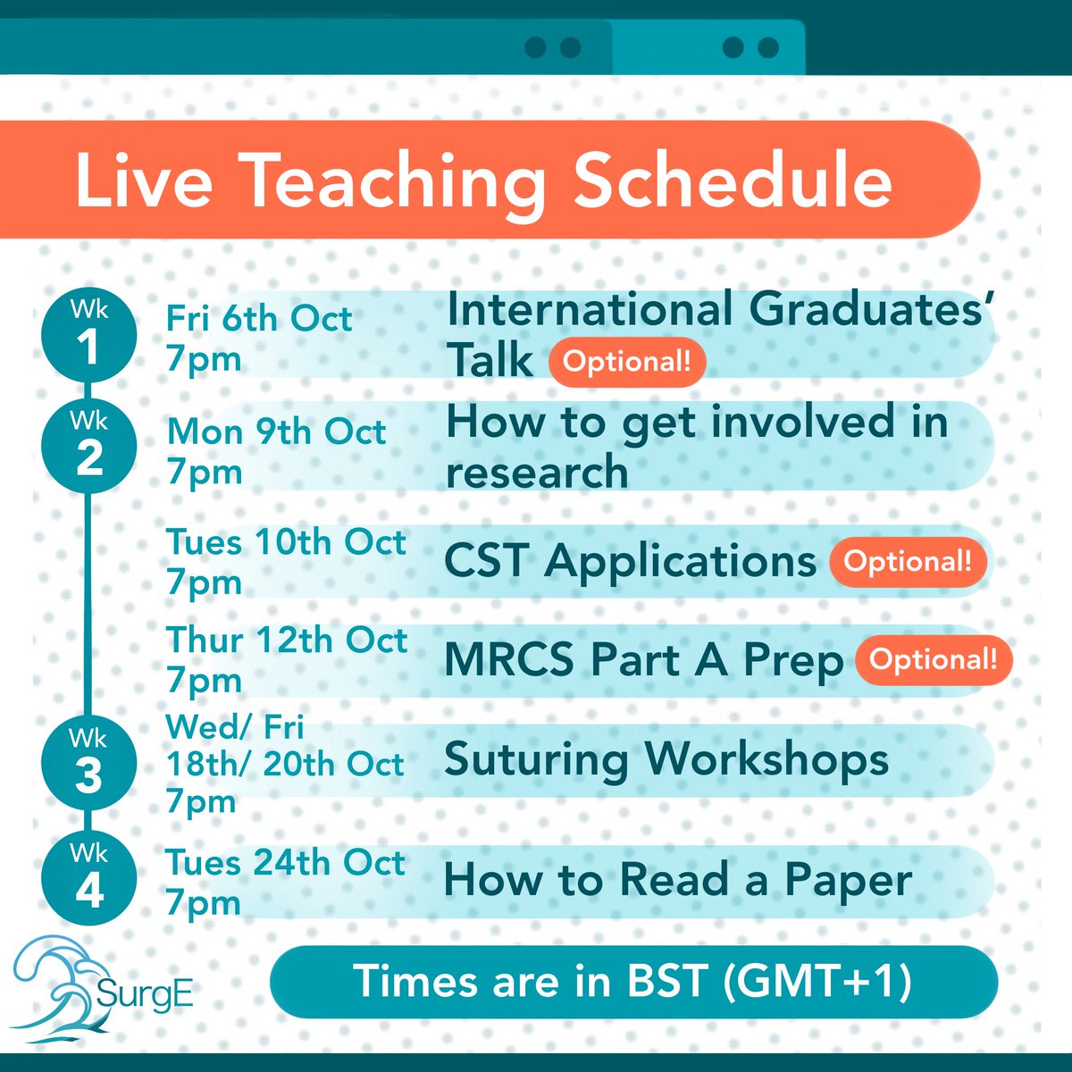 SurgeCourse's tweet photo. A warm welcome to our Oct 2023 cohort!
Alongside regular course content, SurgE will be holding live teaching sessions over the next 4 weeks. Attendance for non-optional sessions will be noted as part of course completion. 
Hope to see you all!
———
#surgecourse https://t.co/FFx3Cizoze