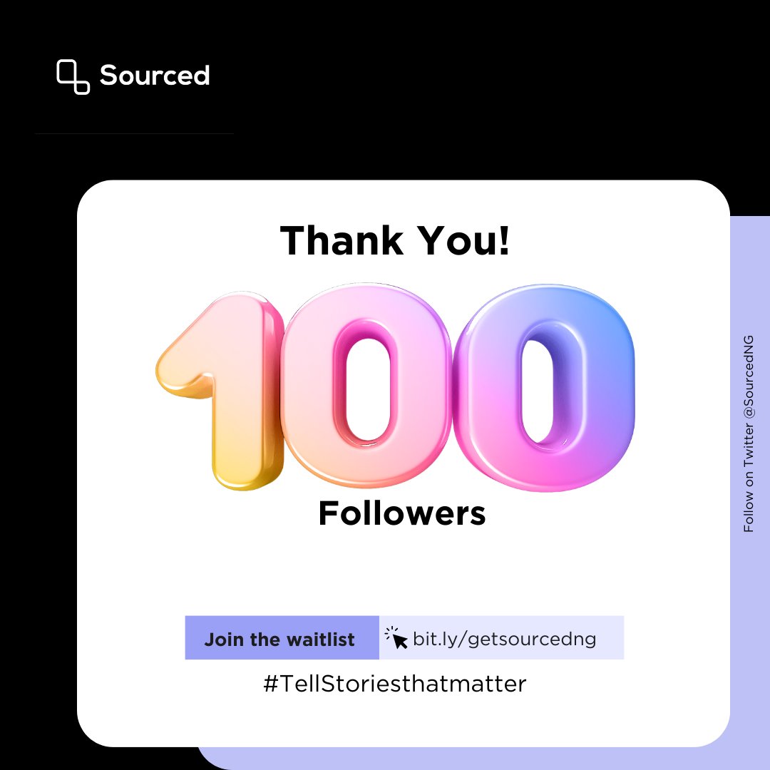SourcedNG's tweet photo. Thanks to 100 amazing people who believe in what we're doing within the past two weeks...
Let's do more by sharing @SourcedNG to other great minds! https://t.co/I6QS7ClRMb