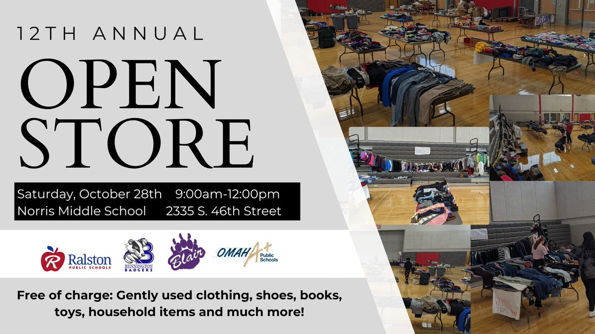 OmahaPubSchool's tweet image. Gently used items at no cost to families. Students from Omaha Public Schools and neighboring districts are again hosting an Open Store at @OPS_Norris on Saturday, Oct. 28.