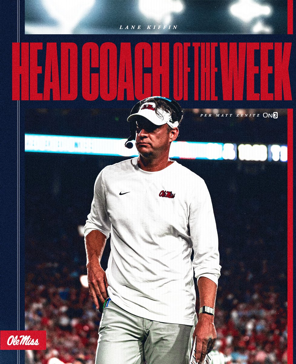 OleMissFB's tweet photo. National @on3 Head Coach of the Week

🚫🐀☠️ @Lane_Kiffin https://t.co/QNhKt2ecuc