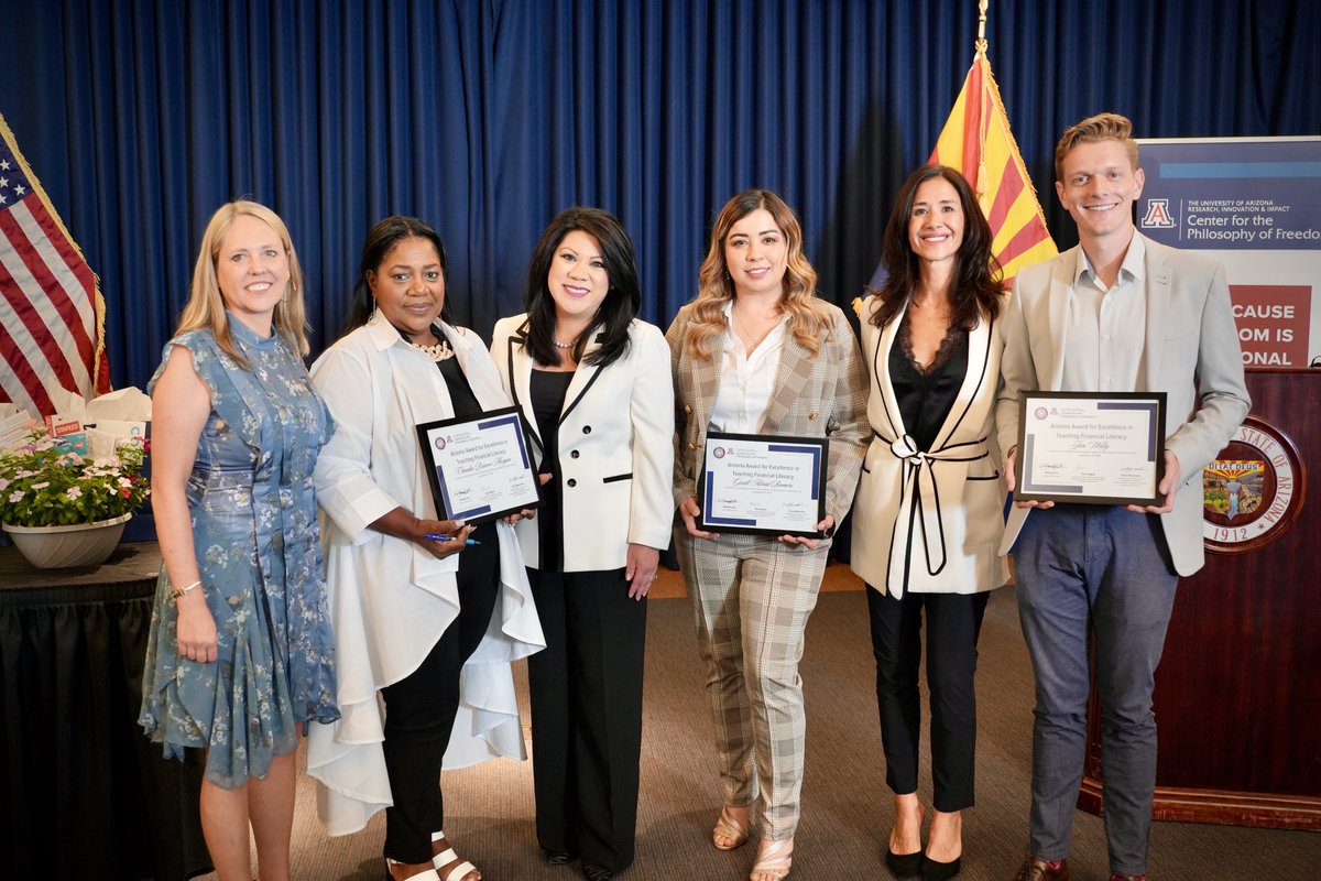 AZTreasury's tweet photo. Arizona Treasurer Kimberly Yee and @UAZFreedom honored three teachers with the Arizona Award for Excellence in Teaching Financial Literacy. The teachers were awarded full scholarships for a Master of Legal Studies degree and classroom supplies.

More here: https://t.co/0MxbDzjA8S https://t.co/pgEB8vRAjx