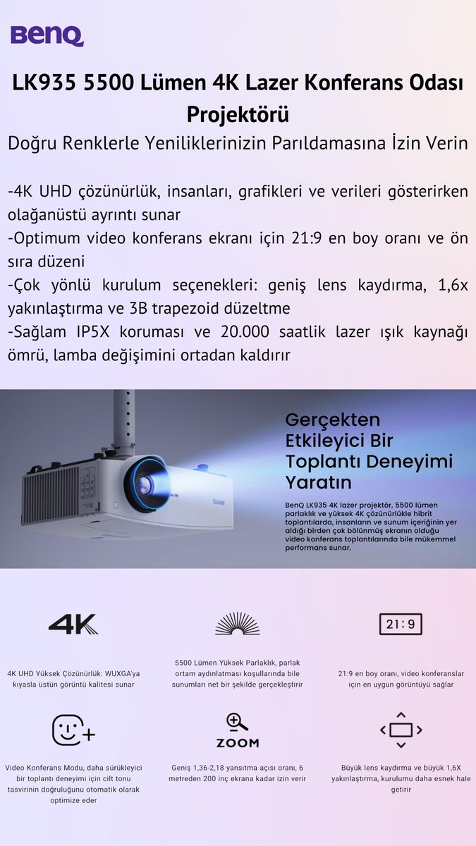 BekdataTek1780's tweet photo. Düşük kaliteli sunumlar artık geçmişte kaldı! BenQ LK935 5500 Lümen 4K Lazer Konferans Odası Projektörü ile toplantılarınız ve sunumlarınız daha parlak, daha net ve daha etkileyici hale geliyor. 🌟 4K çözünürlük ve lazer teknolojisiyle her detayı yakından takip edin. 💼🔍 https://t.co/AviPk4wUPu