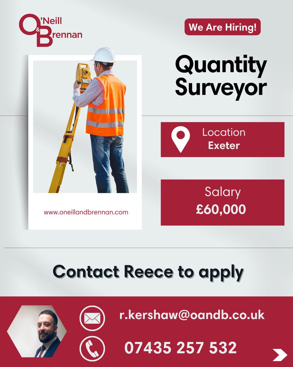 📐 Quantity Surveyor - Exeter 💰 Up to £60,000! 

📣 Contact Reece at r.kershaw@oandb.co.uk 📧

👇 #ConstructionJobs #recruitment #CareerOpportunities #constructionjobs #sitemanagerjobs #quantitysurveyorjobs #jobs #jobopportunitites