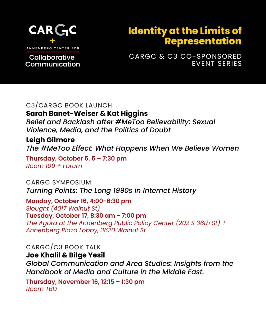 This Thursday (10/5) at 5:15pm, don't miss a joint book launch of 'Believability' by Dean @sbanetweiser & @kat_hig + 'The #MeToo Effect' by @taintedwitness. This is the first event in the Annenberg C3 & CARGC co-sponsored event series, 'Identity at the Limits of Representation'.