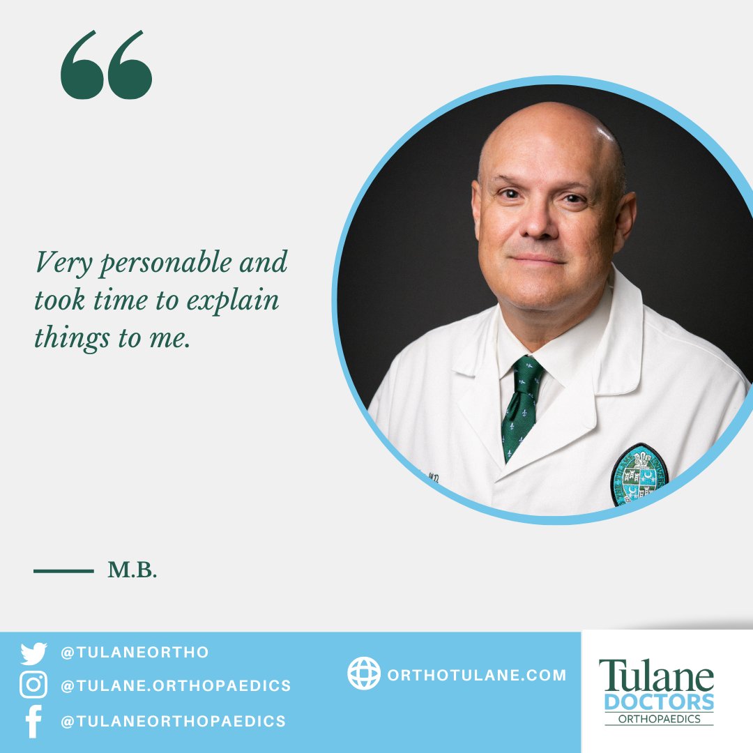 TulaneOrtho's tweet photo. For today's #DoctorSpotlight, we'll be featuring Dr. Fernando Sanchez. Look to see what people are saying about him in the community. If you would like to book an appt., call 504-988-0100 or visit https://t.co/PyPD3RbNHP.

#totaljoints #reconstruction #orthotwitter #tulanedoctors https://t.co/SbUKF0hdQm