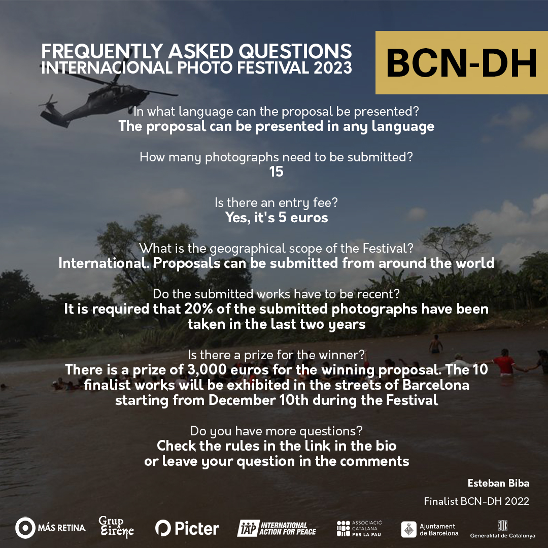 🗓️ There are only 29 days left to submit entries to the International Photography and #HumanRights Festival!

Here are some of the frequently asked questions we have received ⬇️

🤔 You can also read the guidelines at this link: site.picter.com/bcndh-2023/ter…

#bcndh #bcndhphotofestival