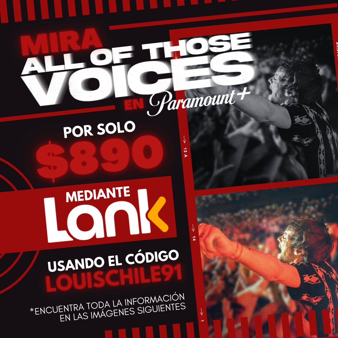 LT91Chile's tweet photo. Este Jueves ya se estrena All Of Those Voices en Paramount+ y recuerden que tenemos código de descuento para obtener un mes a solo $890 a través de Lank! 🔥 Más barato imposible 

Código: LOUISCHILE91
_

*Toda la info en las imágenes
*Solo válido para Chile https://t.co/3A7uW0661Q