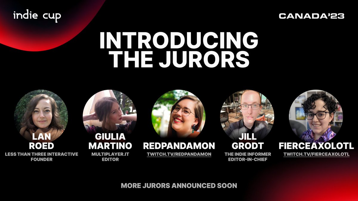 Couldn’t be more excited to present this next group of Canada’23 jurors, many of whom are joining Indie Cup for the first time.

• Lan Roed
• Giulia Martino
• Redpandamon
• Jill Grodt
• FierceAxolotl

Don’t miss the festival! You can submit your game today on our website.