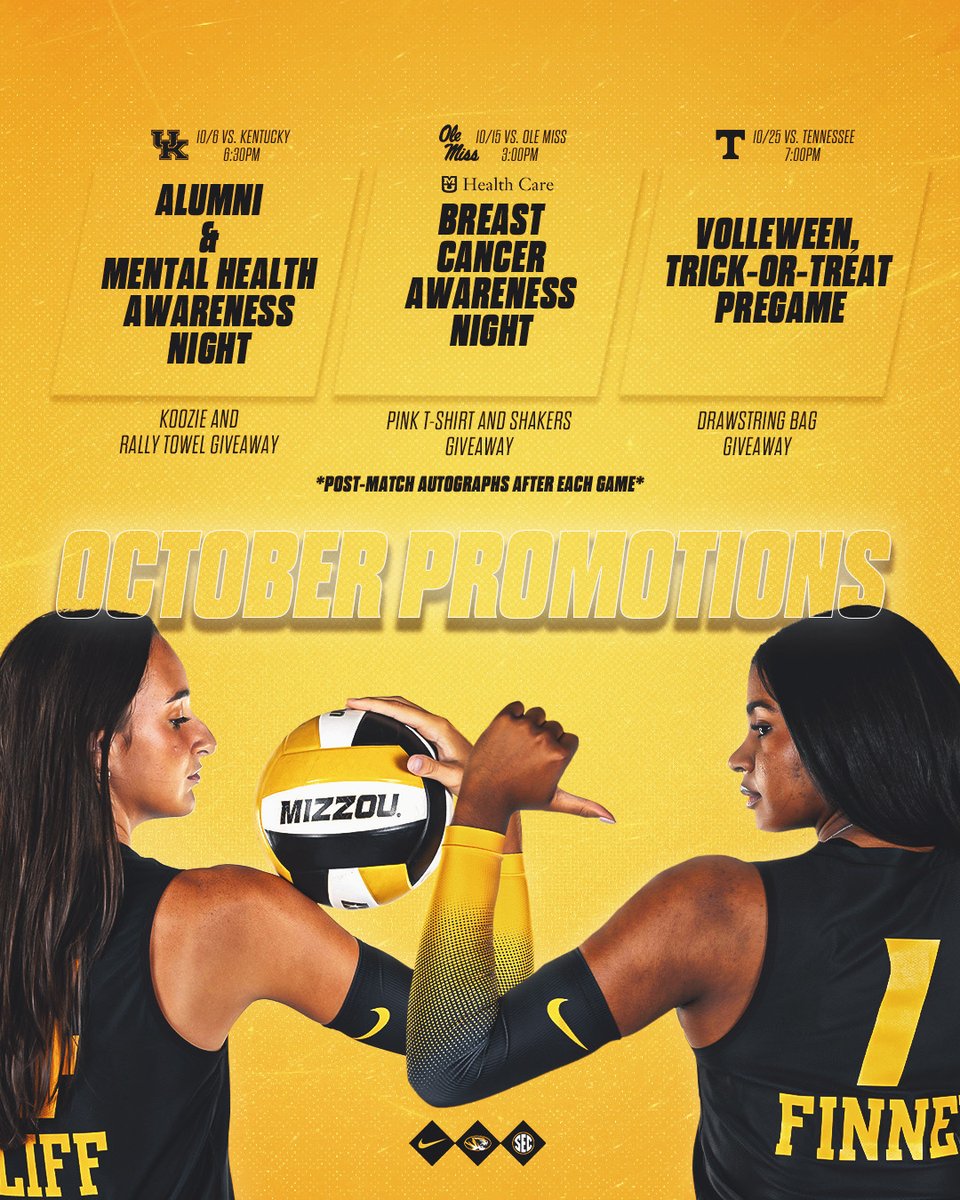 Loaded OCTOBER promo 🗓️ schedule for our matches this month at Hearnes!!

🎟️ bit.ly/47KeafS

#MIZ 🐯🏐