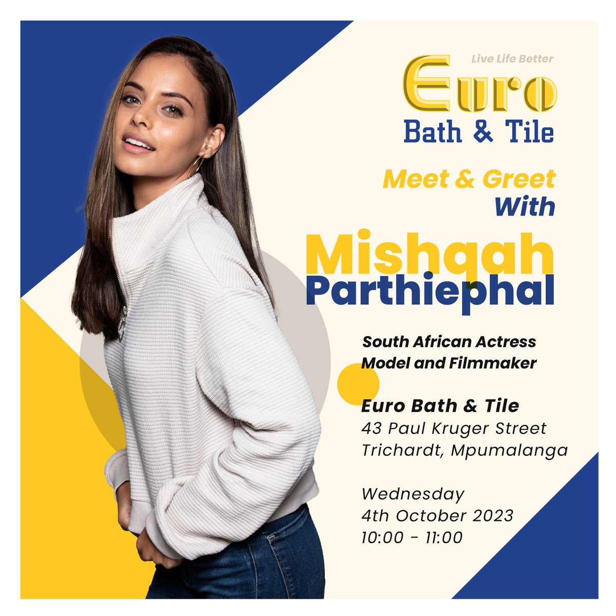 Exciting News! Join us for a Meet and Greet with the talented South African Actress, <a href="/Mishqah_/">Mishqah Parthiephal</a> 🌟

📅Date: Wednesday, October 4th, 2023
🕙Time: 10:00 AM - 11:00 AM
📍Location: Euro Bath &amp; Tile Trichardt Branch

Get ready to meet the star of the screen, Mishqah Parthiephal, in