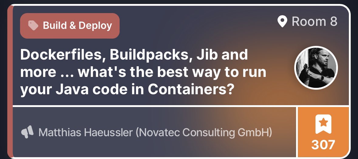 At <a href="/Devoxx/">Devoxx</a>? Come to <a href="/maeddes/">Matthias Haeussler</a>’ talk  “#Dockerfiles, #Buildpacks, #Jib and more ... what's the best way to run your #Java code in #Containers?” in Room 8 at 18:20 today, Monday!

mobile.devoxx.com/events/dvbe23/…

#devoxx #devoxxbe #kubernetes #k8s
