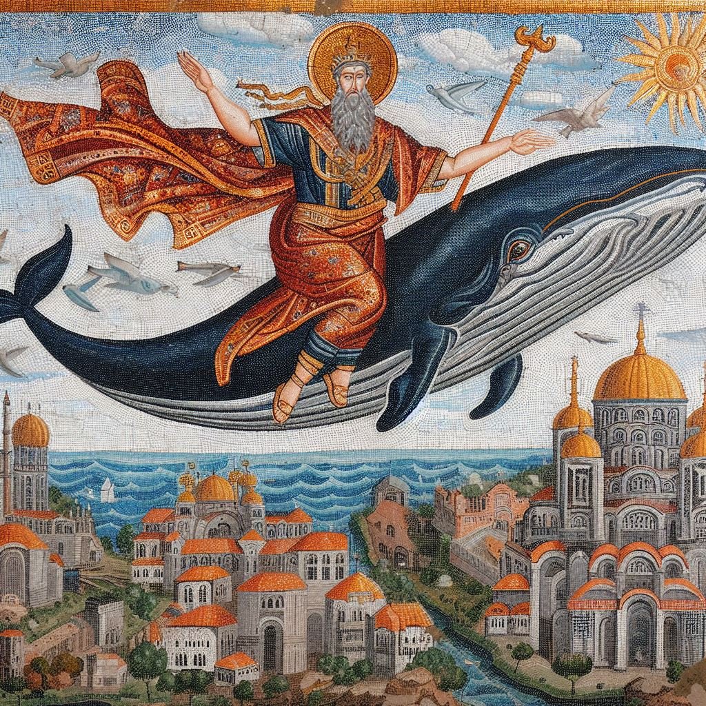 GioGasbarri's tweet photo. I should be writing, but why not instead ask Bing's AI to visualize a mosaic representing a Byzantine emperor flying over Constantinople on the back of a blue whale? https://t.co/AjE1o1GMd0