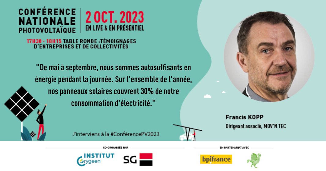 💡 Table ronde : témoignages d'entreprises et collectivités.
Donald Francois, Président de SerenySun Energies, Francis Kopp, Dirigeant associé de MOV'NTEC et Frédéric Coirier, Président de l'ETI familiale Poujoulat prennent la parole.