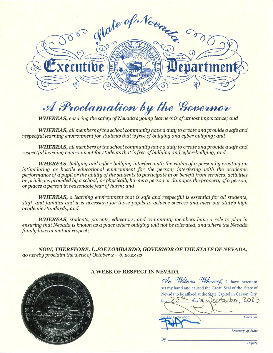 NvstateED's tweet photo. Thanks to Governor @JosephMLombardo for proclaiming Oct. 2-6, 2023 as "Week of Respect" in Nevada. School districts will participate in various activities that promote a respectful learning environment. #NVWeekofRespect https://t.co/HnB8c7XOcA