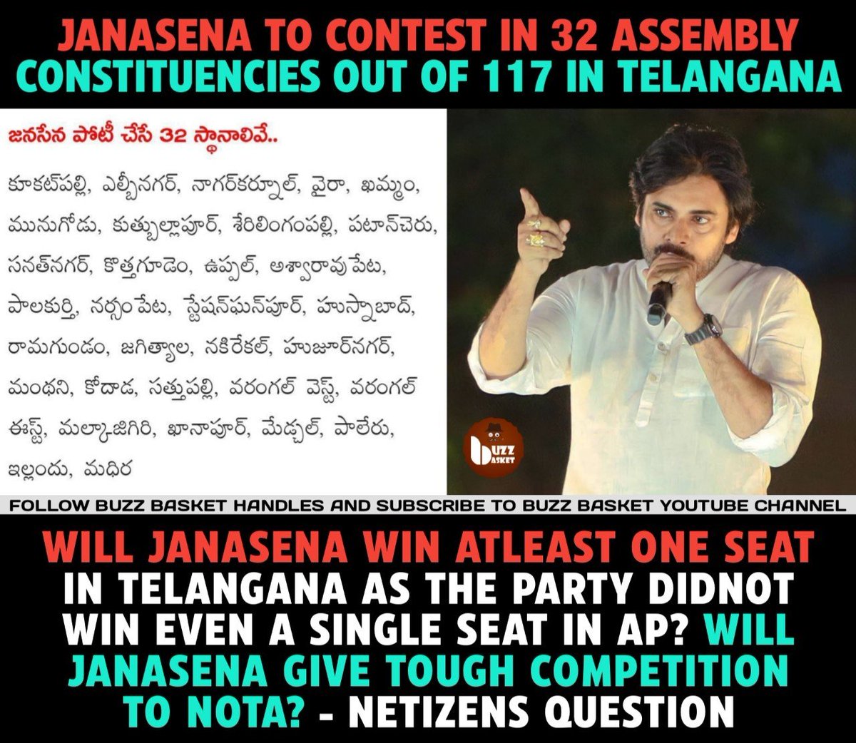 #Janasena to contest in 32 assembly constituencies out of 117 in #Telangana. #PawanKalyan #JanaSenaTelangana #TelanganaElections2023