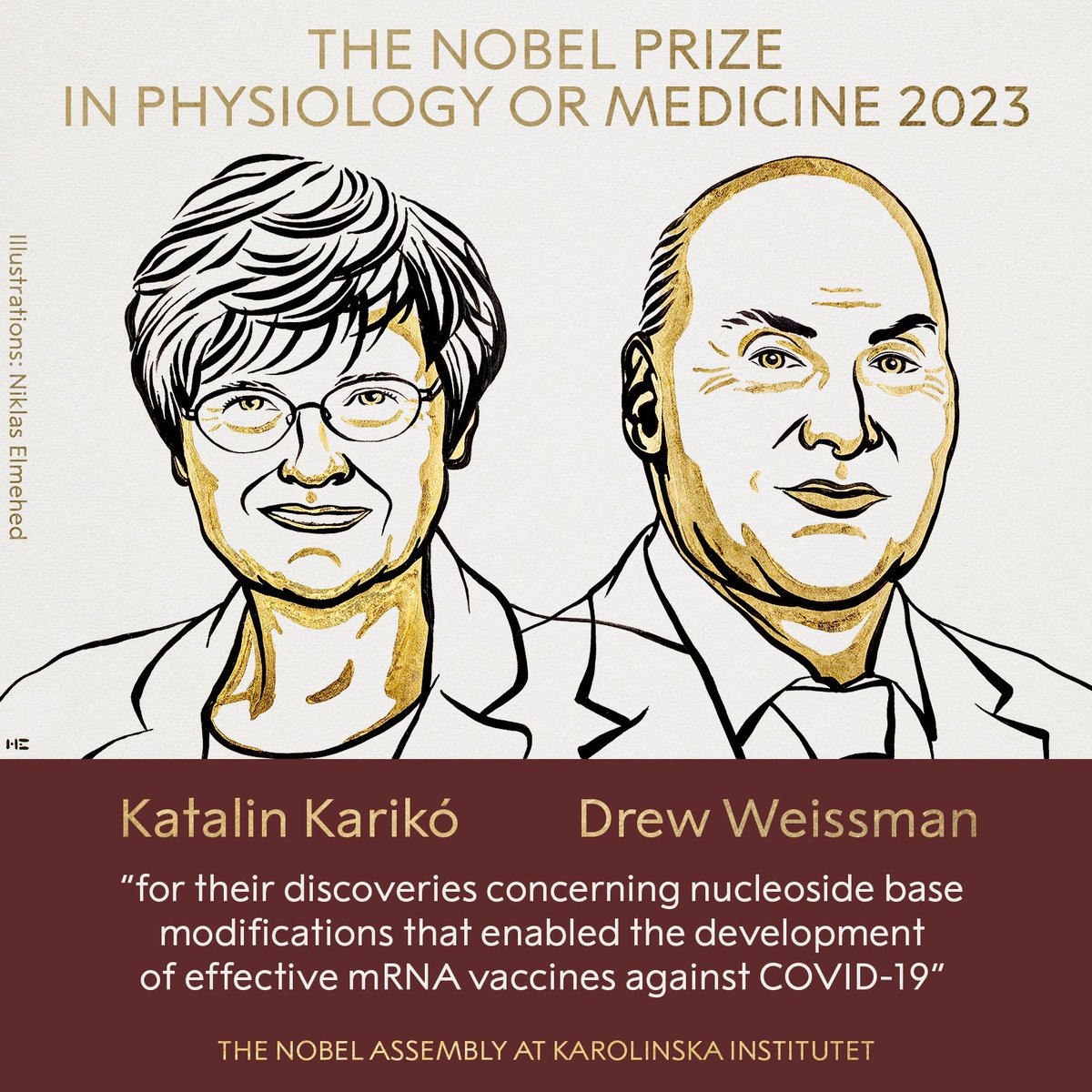 The 2023 #NobelPrize in Physiology or #Medicine has been awarded to #KatalinKariko and #DrewWeissman for their discoveries concerning nucleoside base modifications that enabled the development of effective #mRNA vaccines against #COVID19.

#NobelPrize2023 #Physiology