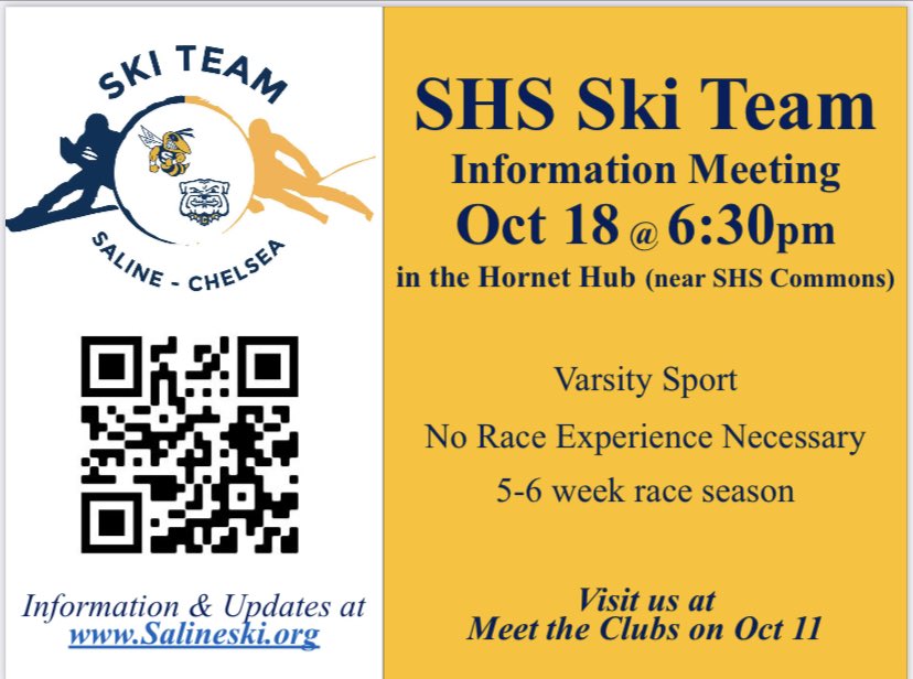 Some important dates coming up! Informational Meeting on Oct 18 @ 6:30pm in the Hornet Hub for interested new racers AND parents. Also visit us at Meet the Clubs night on Oct 11 at SHS. Please RT <a href="/SalineAthletics/">Saline Athletics</a> <a href="/ChelseaBulldogs/">Chelsea Athletics</a>