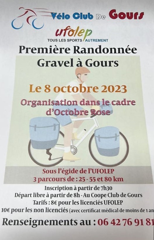 Dimanche 8 octobre, le Vélo Club de #Gours organisera sa première Randonnée Gravel 🚵 dans le cadre d' #OctobreRose !
3 itinéraires sont proposés comme annoncé ici.
Les recettes seront reversées à une association choisie par le club et engagée pour cette cause. 👍 #InitiativeVelo