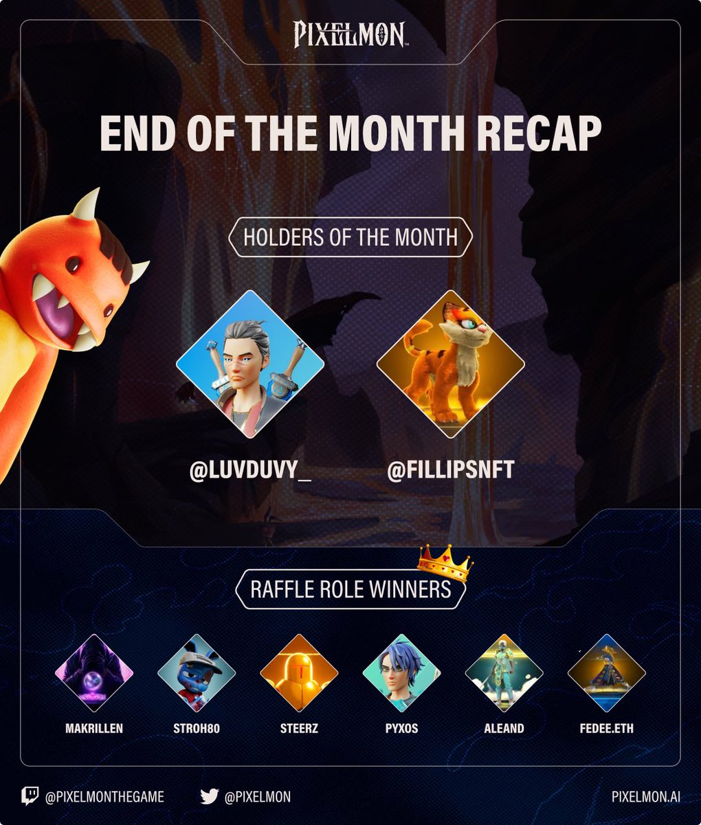 Introducing the Holders of the Month and our Raffle Role Winners! 👑
 
This month we gave away Pixelmon Eggs, Trainers and Serums 🎁

Head over to our discord to find out more about our rewarding ecosystem! 🥳