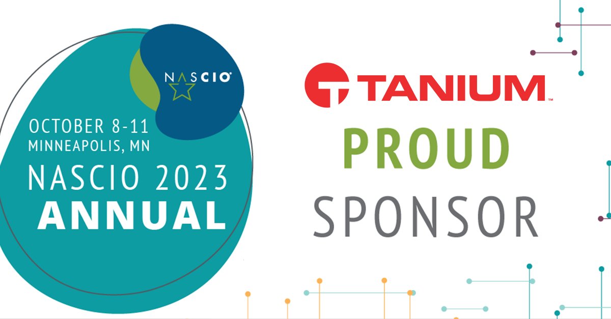 Tanium's tweet photo. We're proud to be a dedicated partner of @NASCIO and a Gold Sponsor for #NASCIO23, the largest gathering of state #govtech leaders from across the US.
Join us: https://t.co/1zfE0LtmUb
#stategov #govsec #innovategov https://t.co/6MAbzVEX4O