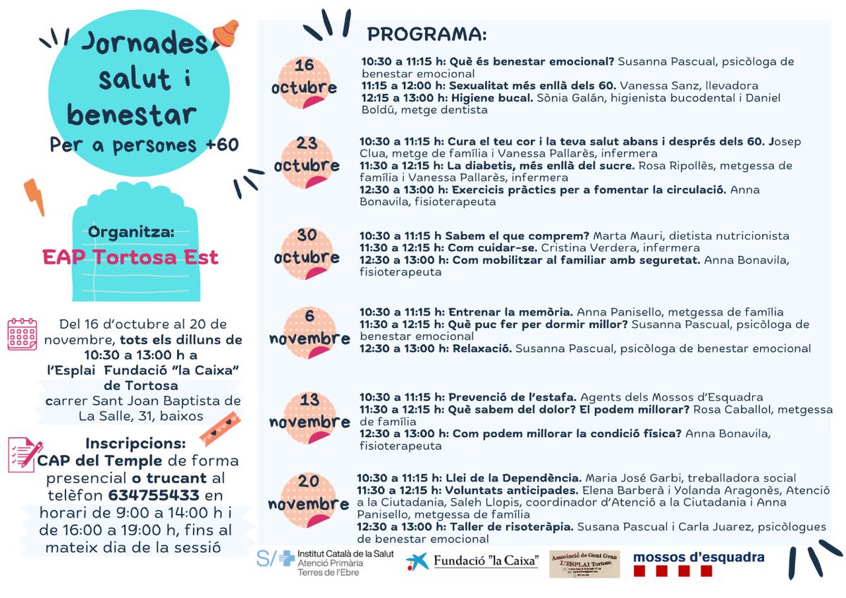 Hospital de Tortosa Verge de la Cinta - ICS Ebre (@htvcebre) on Twitter photo 🔊👵👨🦳 L’EAP Tortosa Est impulsa les 'Jornades salut i benestar + 60' destinat a promoure un envelliment actiu i saludable.
🖊️Inscripcions: CAP del Temple presencialment o al 📞 634755433, de 9 a 14 i de 16 a 19 h, fins al dia de cada sessió.
ℹ️ shorturl.at/cLP57
<a href="/icscat/">ICS. Generalitat</a> 🔊👵👨🦳 L’EAP Tortosa Est impulsa les 'Jornades salut i benestar + 60' destinat a promoure un envelliment actiu i saludable.
🖊️Inscripcions: CAP del Temple presencialment o al 📞 634755433, de 9 a 14 i de 16 a 19 h, fins al dia de cada sessió.
ℹ️ shorturl.at/cLP57
<a href="/icscat/">ICS. Generalitat</a>