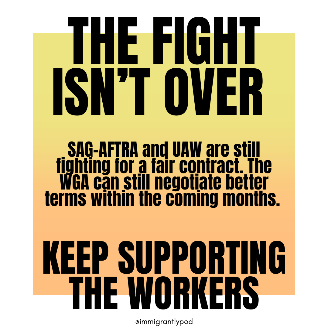 Immigrantly_pod's tweet photo. Congratulations to the WGA for getting a fair contract!
Remember to continue to stand in solidarity with SAG-AFTRA as they continue their fight.
#wgastrong #sagaftrastrong #strike #immigrantly #union #labor #writersstrike #supportthewriters #workers #actors #wga #sagaftra https://t.co/i6KaMLONyc